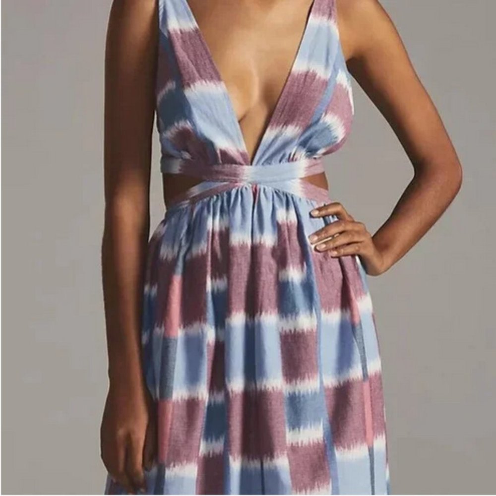 Anthropologie S NWT Deep-V Midi Dress Watercolor Blue Motif 80$ Boho Small - Picture 4 of 5